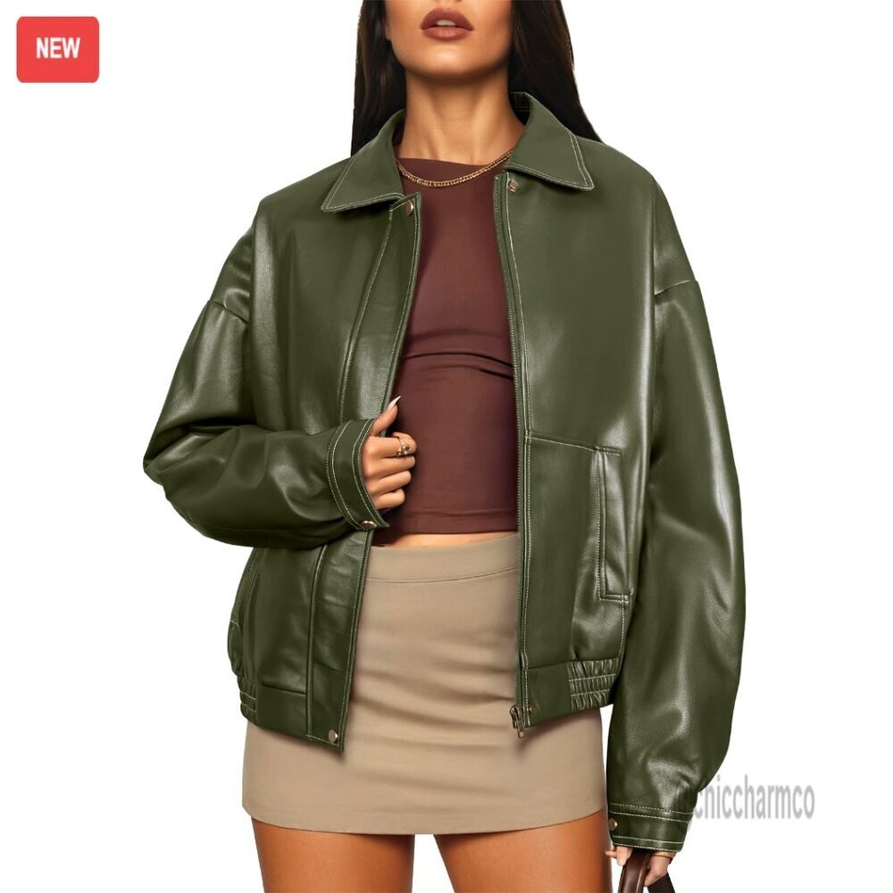 Faux Leather Motorcycle Jacket Oversized Bomber Zip Up Trendy Fall Winter